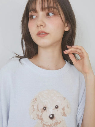 Model wearing 2025 Toy Poodle Relax Fit T-Shirt, featuring a jacquard toy poodle with arch logo, from Gelato Pique USA Premium Loungewear.