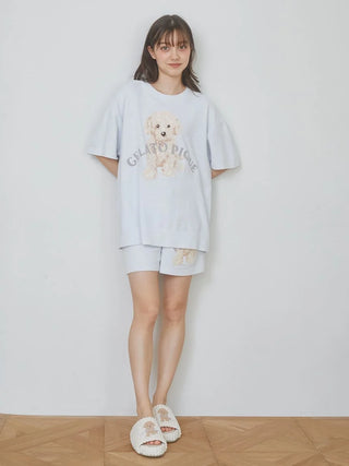 Woman wearing 2025 Toy Poodle Relax Fit T-Shirt by Gelato Pique USA, premium loungewear with toy poodle design, ideal for spring and summer.
