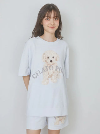 Woman wearing Gelato Pique USA Toy Poodle T-Shirt, premium loungewear showcasing a cute poodle design. Perfect for early spring to summer.