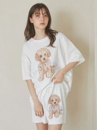 Alt Tag: Woman wearing Gelato Pique USA Toy Poodle Relax Fit T-Shirt, premium loungewear with cute dog design, perfect for spring.