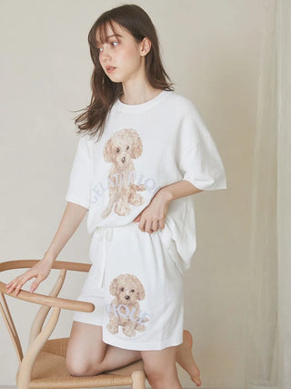 Woman wearing Gelato Pique USA Premium Loungewear Toy Poodle Relax Fit T-Shirt with jacquard knit, round-eyed dog design, in white.
