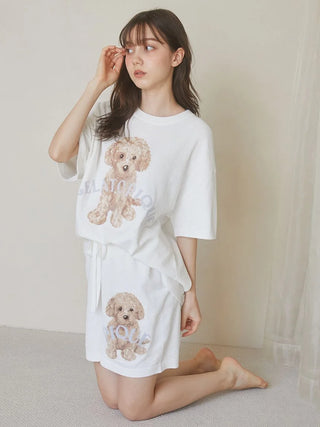 Woman wearing a 2025 Toy Poodle Relax Fit T-Shirt by Gelato Pique USA, featuring a premium loungewear and sleepwear design.