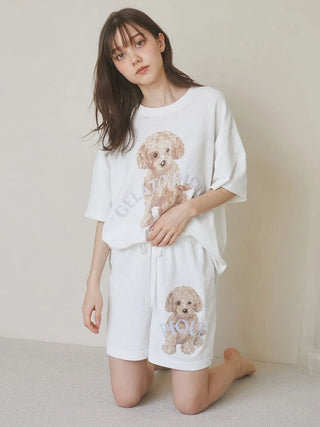 Woman wearing Gelato Pique USA 2025 Toy Poodle Relax Fit T-Shirt and shorts, featuring premium loungewear with adorable poodle design.