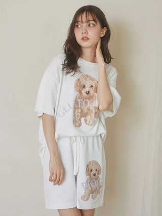 Woman wearing 2025 Toy Poodle Relax Fit T-Shirt by Gelato Pique USA, premium loungewear with toy poodle design in soft knit.