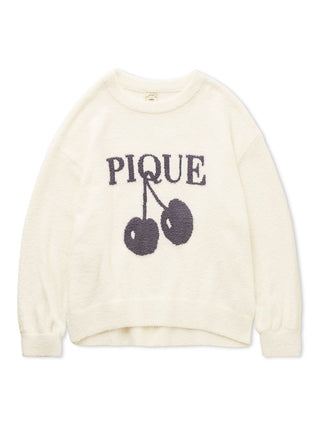 Baby Moco Cherry Jacquard Pullover Sweater with cherry design and 'PIQUE' text on soft white fabric.