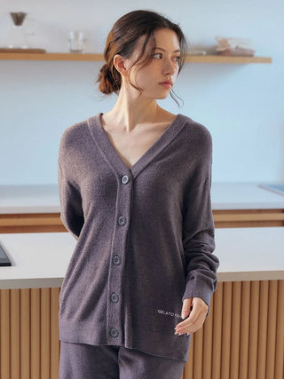 Woman wearing Smoothie Lite V-neck cardigan by Gelato Pique USA, a premium loungewear and sleepwear item ideal for spring and summer.