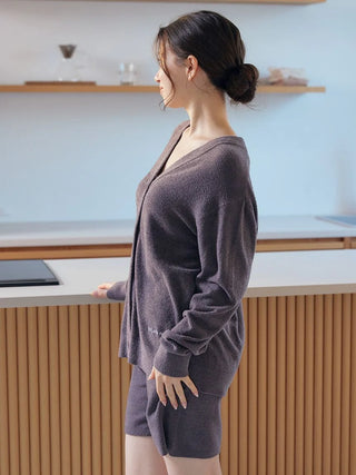 Woman wearing Smoothie Lite Button Up Cardigan, premium loungewear by Gelato Pique USA, perfect for spring and summer.