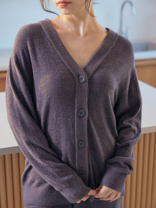 Alt Tag: Woman wearing Gelato Pique USA Smoothie Lite V-neck cardigan, premium loungewear, in calm color, perfect for any season.