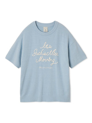 Blue jacquard pullover top with 'Such a Nice Morning' embroidered, from Gelato Pique USA. Premium loungewear and sleepwear.