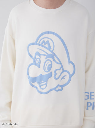 Unisex fleece pullover with blue Mario puff print on white fabric