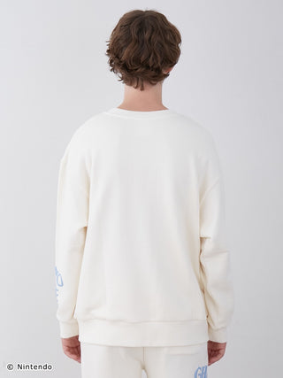 Back view of white Super Mario unisex fleece pullover featuring foam print logos on cuffs, ideal for soft and cozy casual wear.
