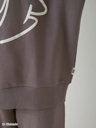 Close-up of Super Mario unisex fleece pullover set in gray with three-dimensional puff print design.