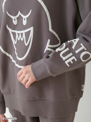 Unisex Super Mario fleece pullover with Boo puff print and sleeve logo, featuring soft, thick cotton fabric.
