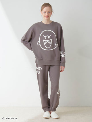 Unisex fleece pullover and long pants set with Mario and Boo print, featuring soft fabric and elasticized hems.