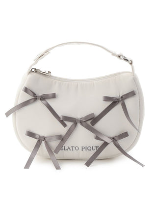 Gelato Pique Ribbon Handle Pouch with gray bows, featuring elegant minimal design in smooth matte fabric for a luxurious feel