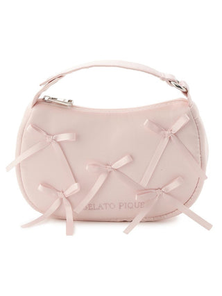 Pink Gelato Pique Ribbon Handle Pouch with elegant bows and a rounded design, featuring luxurious matte fabric and sleek style.