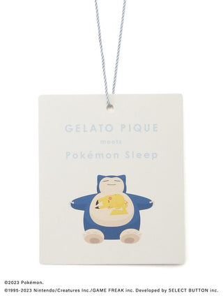 Label for GELATO Pique men's Snorlax hoodie & shorts set from Pokémon Sleep collection, featuring Snorlax illustration.