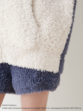 Close-up of Pokémon Sleep GELATO Snorlax Hoodie & Shorts with soft, fluffy texture in cream and dark blue.