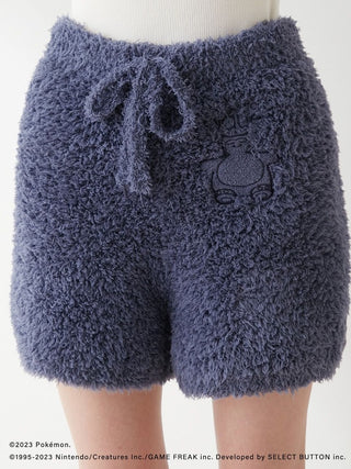 Cozy GELATO Snorlax-themed shorts in soft blue fabric, featuring embroidered Snorlax design, from Pokémon Sleep collection.