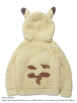 Men's Pikachu hoodie from GELATO Pokémon Sleep set, featuring Pikachu ears and face design, fluffy fabric, back view.