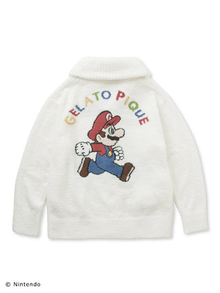 Super Mario Baby Moco Jacquard Shawl Cardigan, soft and fluffy unisex knitwear featuring Mario design and 'Gelato Pique' text.