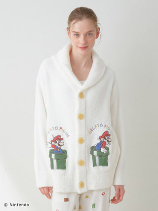 Unisex Super Mario Baby Moco Jacquard Shawl Cardigan, featuring a soft, fluffy knit with Mario design and large buttons.