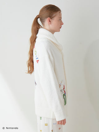Unisex Baby Moco Jacquard Shawl Cardigan featuring Super Mario design, shown in soft, fluffy fabric with side profile view.