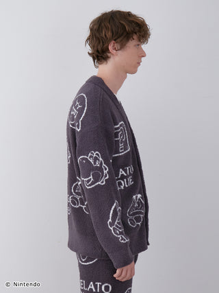 Man wearing Super Mario Baby Moco Character Jacquard Cardigan, featuring soft, fluffy material and iconic characters in gray.
