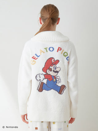 Back view of a white unisex Baby Moco shawl cardigan with Super Mario design and 'Gelato Pique' text.