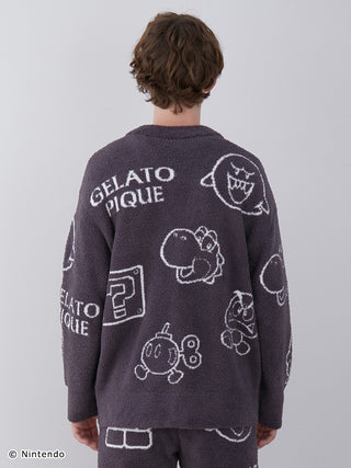 Men's Baby Moco Jacquard Cardigan with Super Mario characters, featuring soft and fluffy fabric, back view.