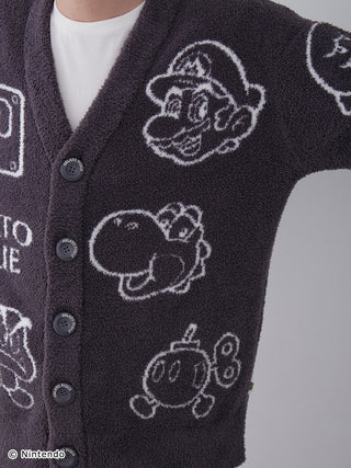 Super Mario themed men's cardigan featuring Jacquard patterned characters on soft Baby Moco fabric, luxurious and fluffy design.