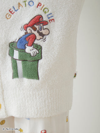 Super Mario Baby Moco Shawl Cardigan with pipe design, featuring soft, fluffy fabric. Perfect unisex knitwear for Super Mario fans.