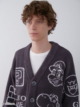 Model wearing Super Mario men's Baby Moco cardigan with character patterns, showcasing luxury and softness.