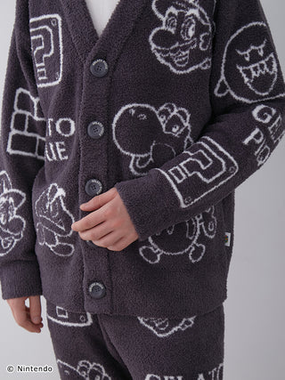 Super Mario men's jacquard cardigan with Baby Moco fabric featuring character patterns, showcasing a cozy and stylish design.