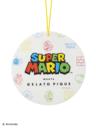Super Mario meets Gelato Pique round tag with colorful character icons and text on a white background, featuring a yellow string.