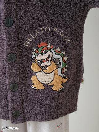 Super Mario Baby Moco cardigan with Bowser embroidery, featuring soft fluffy fabric and "Gelato Pique" text, unisex design.