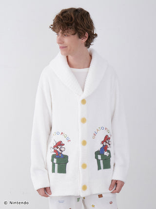 Person wearing Super Mario unisex shawl cardigan with Baby Moco fabric featuring iconic character design.