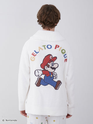 Back view of a Super Mario themed unisex Baby Moco jacquard shawl cardigan featuring vibrant Mario graphics by Gelato Pique.