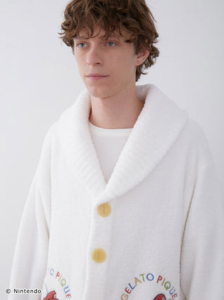 Model wearing Super Mario Baby Moco Jacquard Shawl Cardigan, featuring soft, fluffy fabric and unique design.