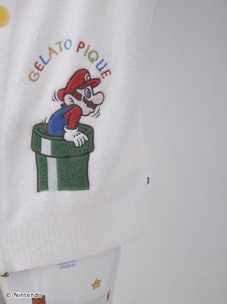 Super Mario Baby Moco Jacquard Shawl Cardigan with Mario graphic, soft and fluffy design, by Gelato Pique for unisex.