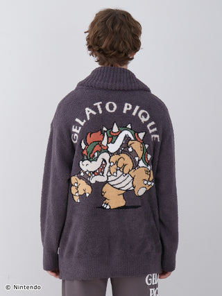 Back view of unisex Baby Moco cardigan featuring Super Mario's Bowser design, showcasing soft and fluffy fabric by Gelato Pique.