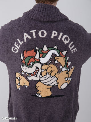 Back view of unisex Super Mario Baby Moco cardigan featuring Bowser design and 'Gelato Pique' text, highlighting comfort and style.