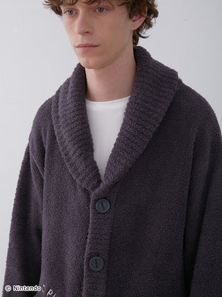 Unisex Baby Moco Jacquard Shawl Cardigan featuring Super Mario design in soft, fluffy material, modeled on a person.