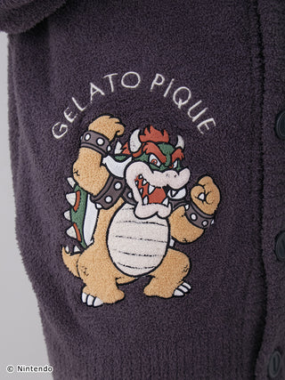 Super Mario unisex cardigan featuring Bowser embroidery and Gelato Pique branding on soft Baby Moco material.