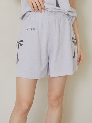 Alt Tag: Premium Loungewear Ribbon Jacquard Lounge Shorts by Gelato Pique USA, featuring a shirred waist and ribbon motif, off-white.