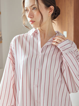 Woman wearing a striped long sleeve pajama shirt, showcasing premium lightweight sleepwear elegance from Gelato Pique USA.