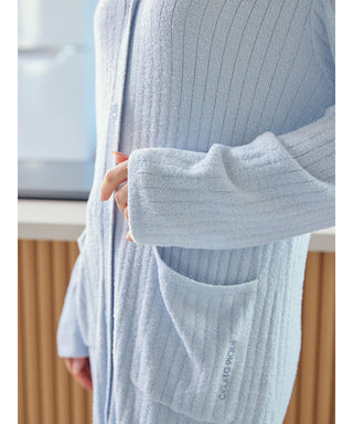 Close-up of a blue ribbed Thermal Smoothie Long Cardigan with long sleeves and pockets, perfect for cozy layering.