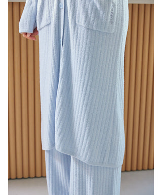 Close-up of the Thermal Smoothie Long Cardigan in light blue, featuring a ribbed texture and button-down design, perfect for layering.