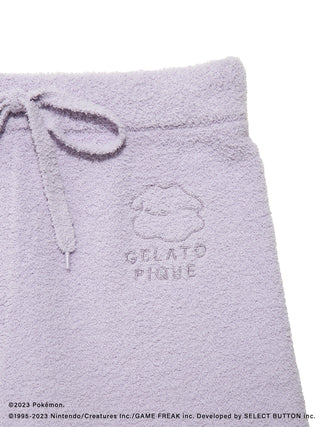 Close-up of purple Pokémon Sleep Ditto shorts from Baby Moco hoodie & shorts set for men, featuring tie detail and embroidered logo.