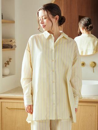 Gelato Pique USA striped long sleeve pajama shirt in a light, airy fabric, showcasing effortless elegance and comfort in sleepwear.